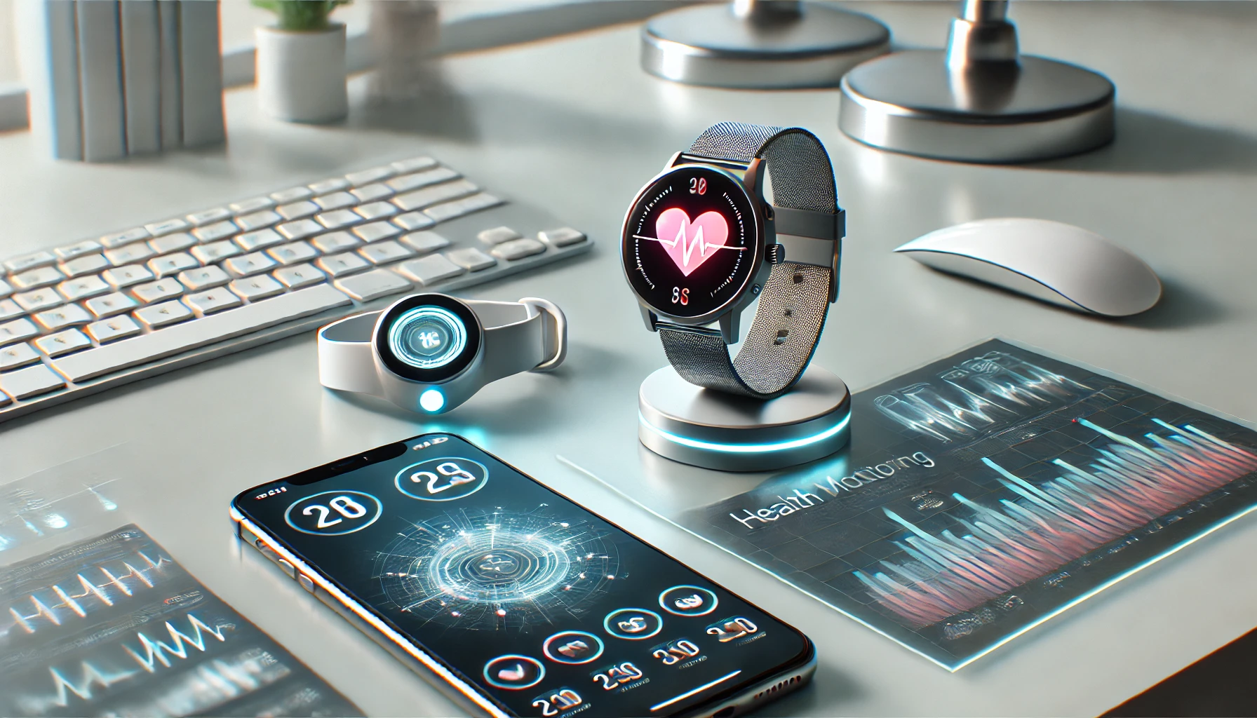 A modern digital health monitoring setup featuring a smartwatch displaying heart rate, a smartphone tracking fitness, and a futuristic health device on a minimalistic desk.