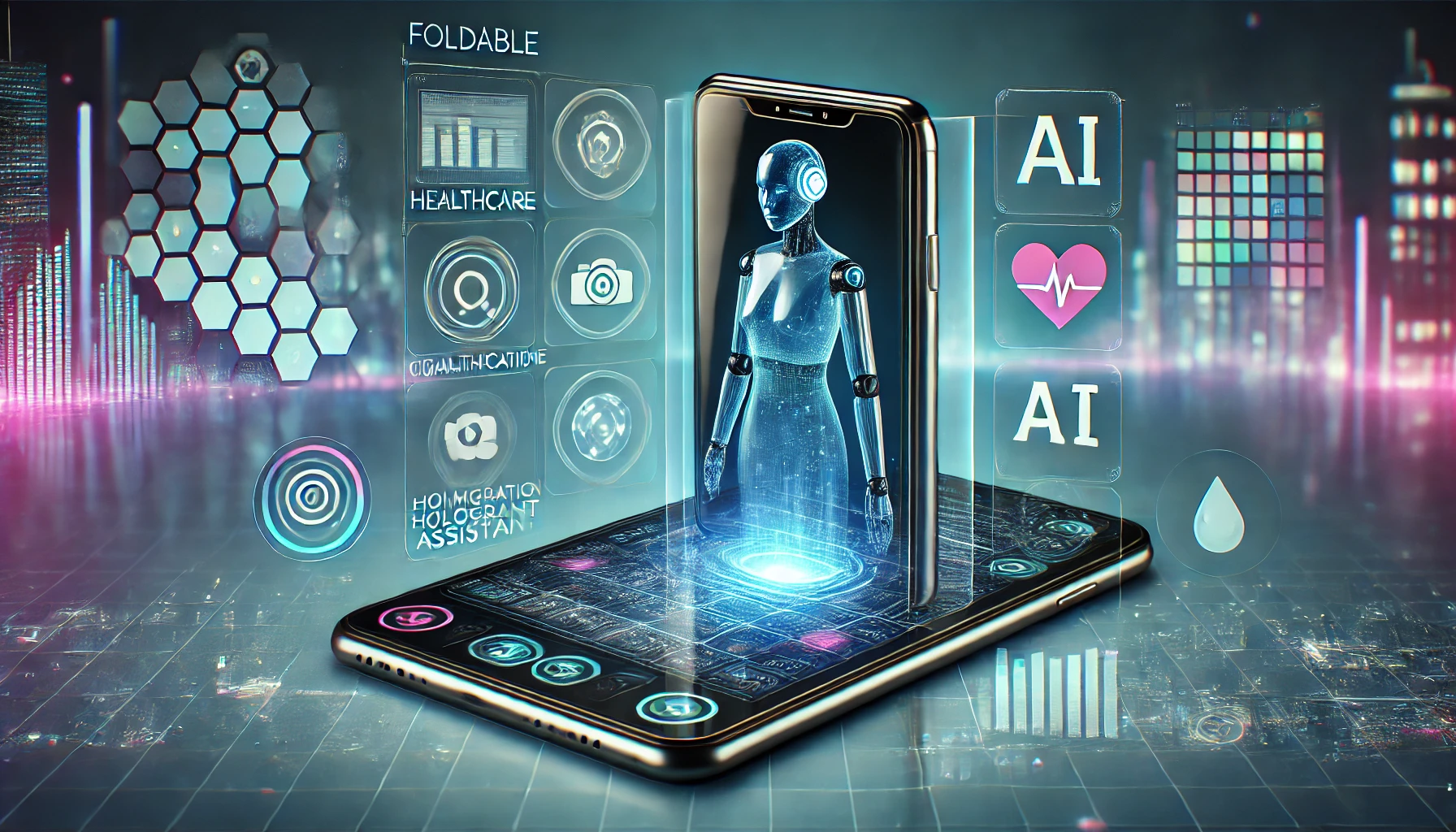 A futuristic smartphone with a foldable transparent display and AI hologram assistant on a digital interface, set against a futuristic city skyline.